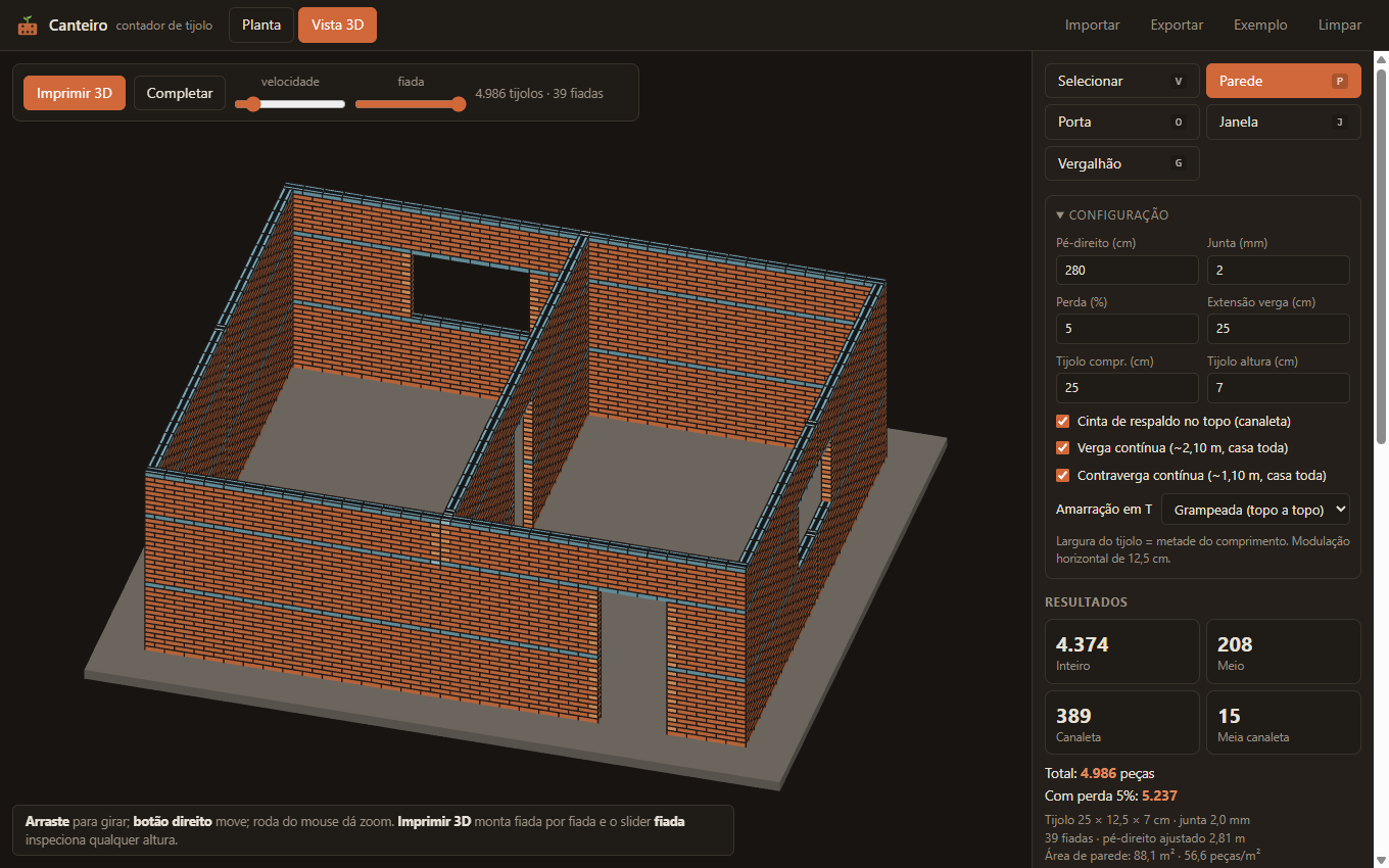 Vista 3D de uma casa montada tijolo por tijolo no Canteiro